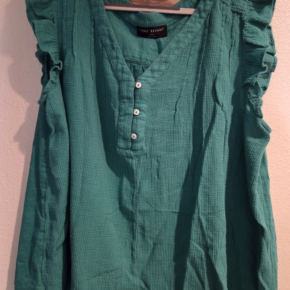 Lane Bryant Teal Ruffle-Sleeve Button V-Neck Blouse 22/24